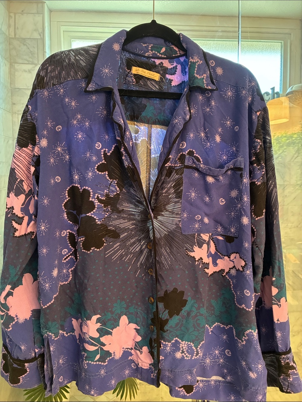 We The Free Purple Floral & Starburst Button-Down Shirt runs large
